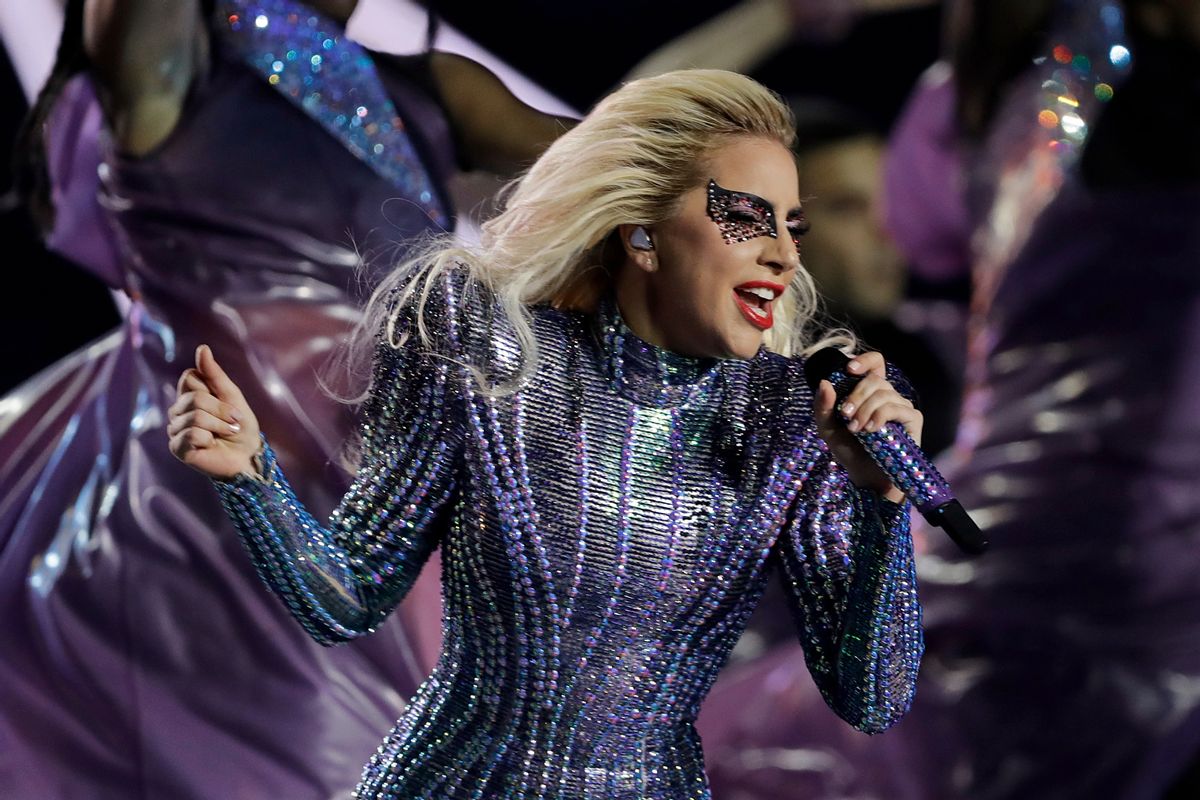 Singer Lady Gaga performs during the halftime show of the NFL Super Bowl 51 football game between the New England Patriots and the Atlanta Falcons, Sunday, Feb. 5, 2017, in Houston. (AP Photo/Darron Cummings) (AP)