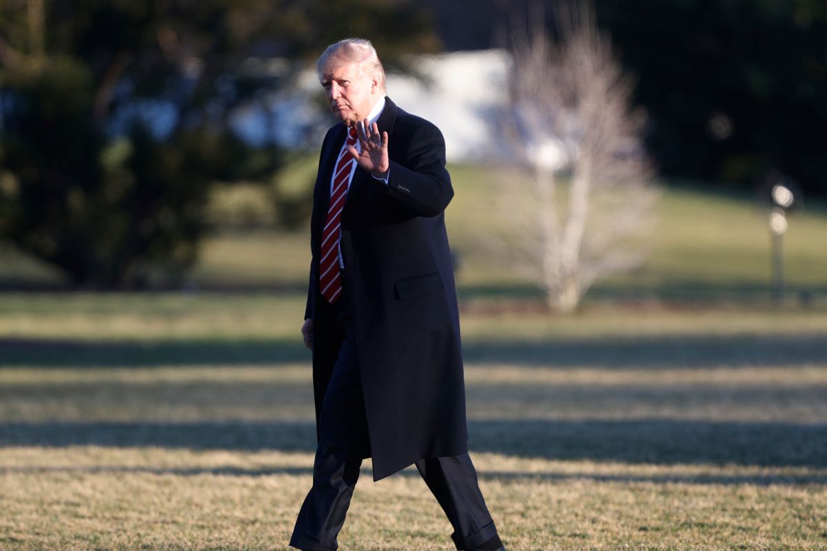 President Donald Trump waves as he walks across the South Lawn of the White House in Washington, Monday, Feb. 6, 2017, after returning from a weekend trip to Florida. (AP Photo/Pablo Martinez Monsivais) (AP)