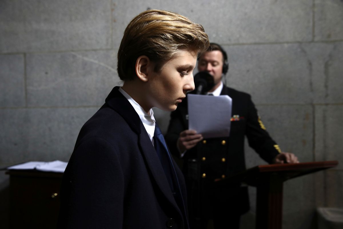 FILE - In this Jan. 20, 2017, file photo, Barron Trump arrives on the West Front of the U.S. Capitol  in Washington, for the inauguration ceremony of Donald J. Trump as the 45th president of the United States. Think it’s tough to be a kid? Try being a “first kid” - the child of an American president. (Win McNamee/Pool Photo via AP, File) (AP)