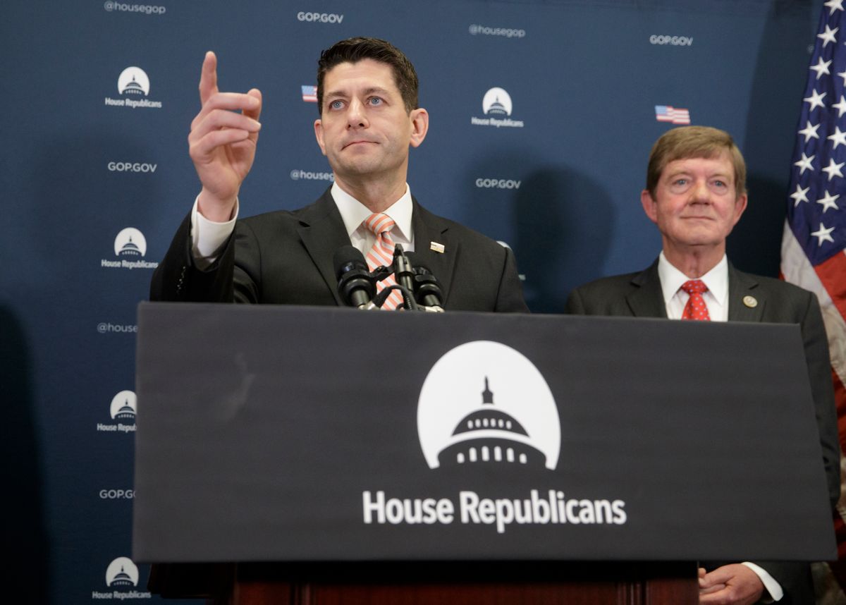 House Speaker Paul Ryan of Wis., joined by Rep. Scott Tipton, R-Colo., meets with reporters on Capitol Hill in Washington, Tuesday, Jan. 31, 2017, following GOP strategy session. Ryan gave a strong defense of President Donald Trump's refugee and immigration ban to caucus members and said he backs the order, which has created chaos and confusion worldwide. (AP Photo/J. Scott Applewhite) (AP)