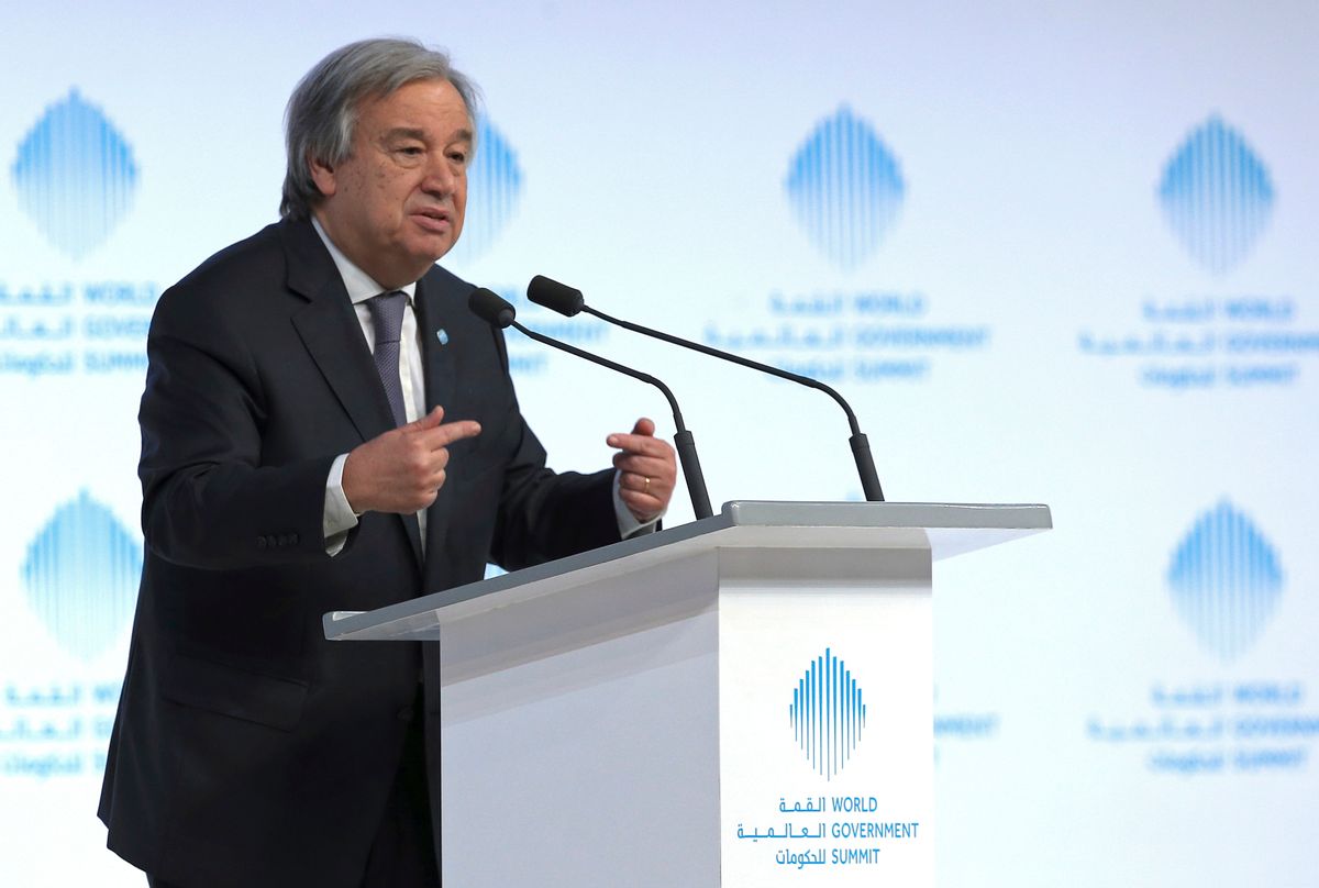 The United Nations Secretary-General Antonio Guterres speaks during the 2nd day of the World Government Summit in Dubai, United Arab Emirates, Monday, Feb. 13, 2017. Guterres said Monday that he "deeply regrets" the United States' decision to block a former Palestinian prime minister from leading the world body's political mission in Libya. Antonio Guterres says that Salam Fayyad was "the right person for the right job at the right moment." (AP Photo) (AP)