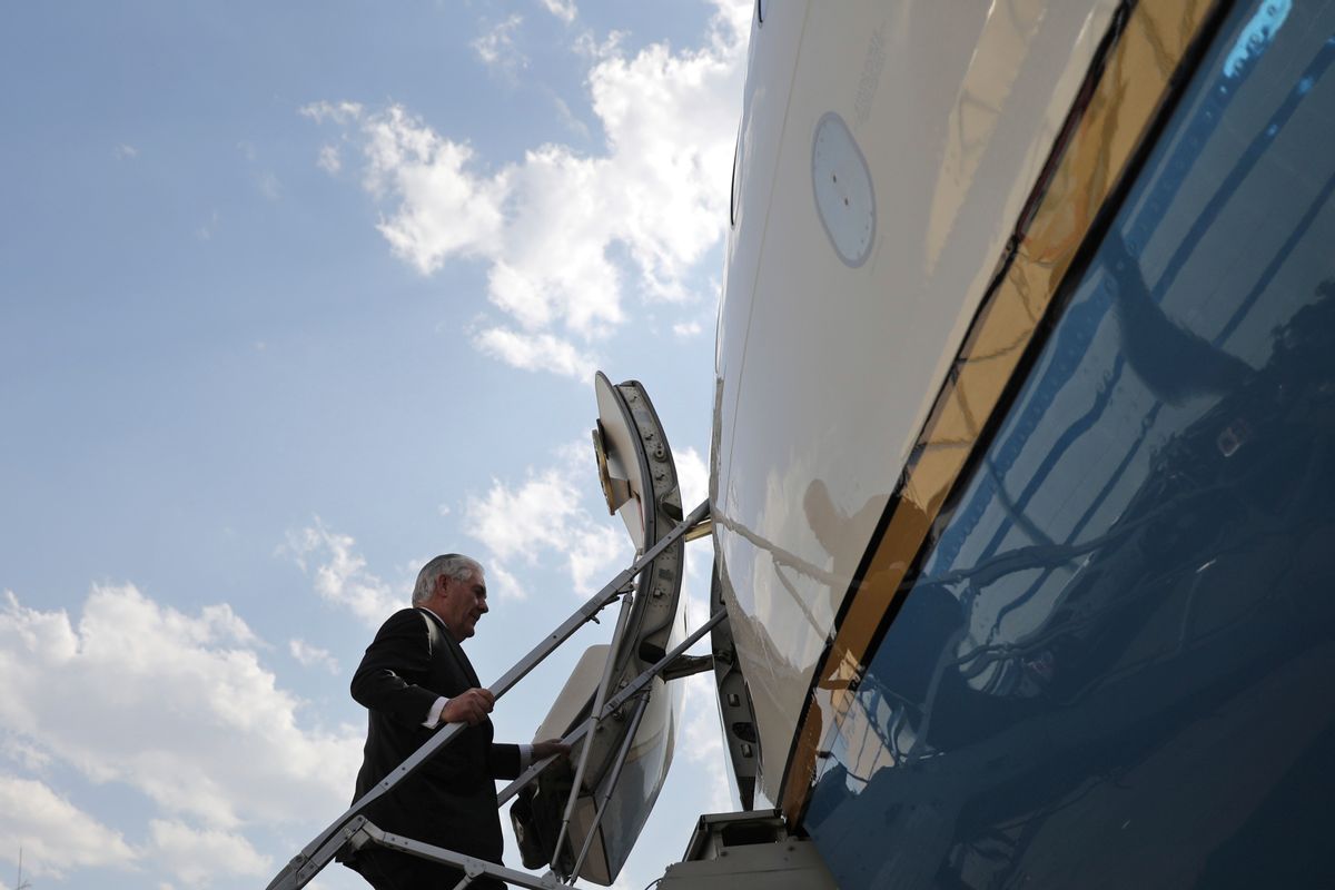 U.S. Secretary of State Rex Tillerson boards a plane to depart at Benito Juarez international Airport in Mexico City, Thursday, Feb. 23, 2017. (Carlos Barria/Pool Image via AP) (AP)