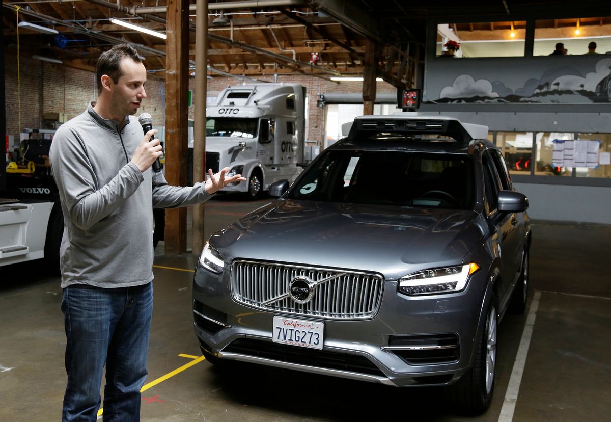FILE - In this Dec. 13, 2016, file photo, Anthony Levandowski, head of Uber's self-driving program, speaks about their driverless car in San Francisco. A self-driving car company founded by Google is accusing a former top engineer of stealing pivotal technology that is propelling Uber's effort to assemble a fleet of automated vehicles for its popular ride-hailing service. The complaint cites evidence that Levandowski, a former manager in Google's self-driving car project, loaded 14,000 confidential files on a laptop before leaving to start his own company in 2016. (AP Photo/Eric Risberg, File) (AP)