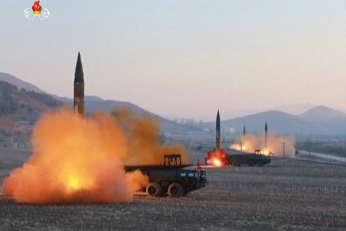 In this image made from video released by KRT on Tuesday, March 7, 2017, North Korea launches four missiles in an undisclosed location North Korea. (KRT via AP Video)