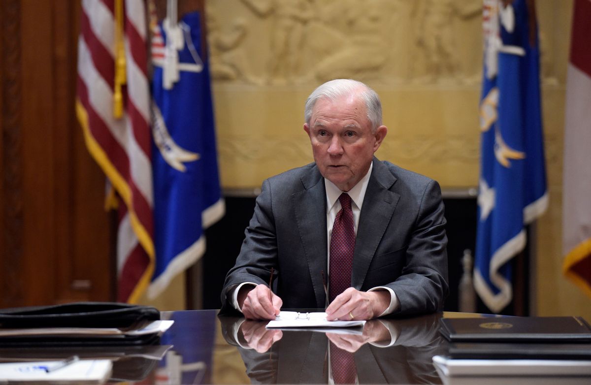 FILE - In this Feb. 9, 2017, file photo, Attorney General Jeff Sessions holds a meeting with the heads of federal law enforcement components at the Department of Justice in Washington. Sessions had two conversations with the Russian ambassador to the United States during the presidential campaign season last year, contact that immediately fueled calls for him to recuse himself from a Justice Department investigation into Russian interference in the election. The Justice Department said Wednesday night, March 1, 2017, that the two conversations took place last year when Sessions was a senator. (AP Photo/Susan Walsh, Pool, File) (AP)