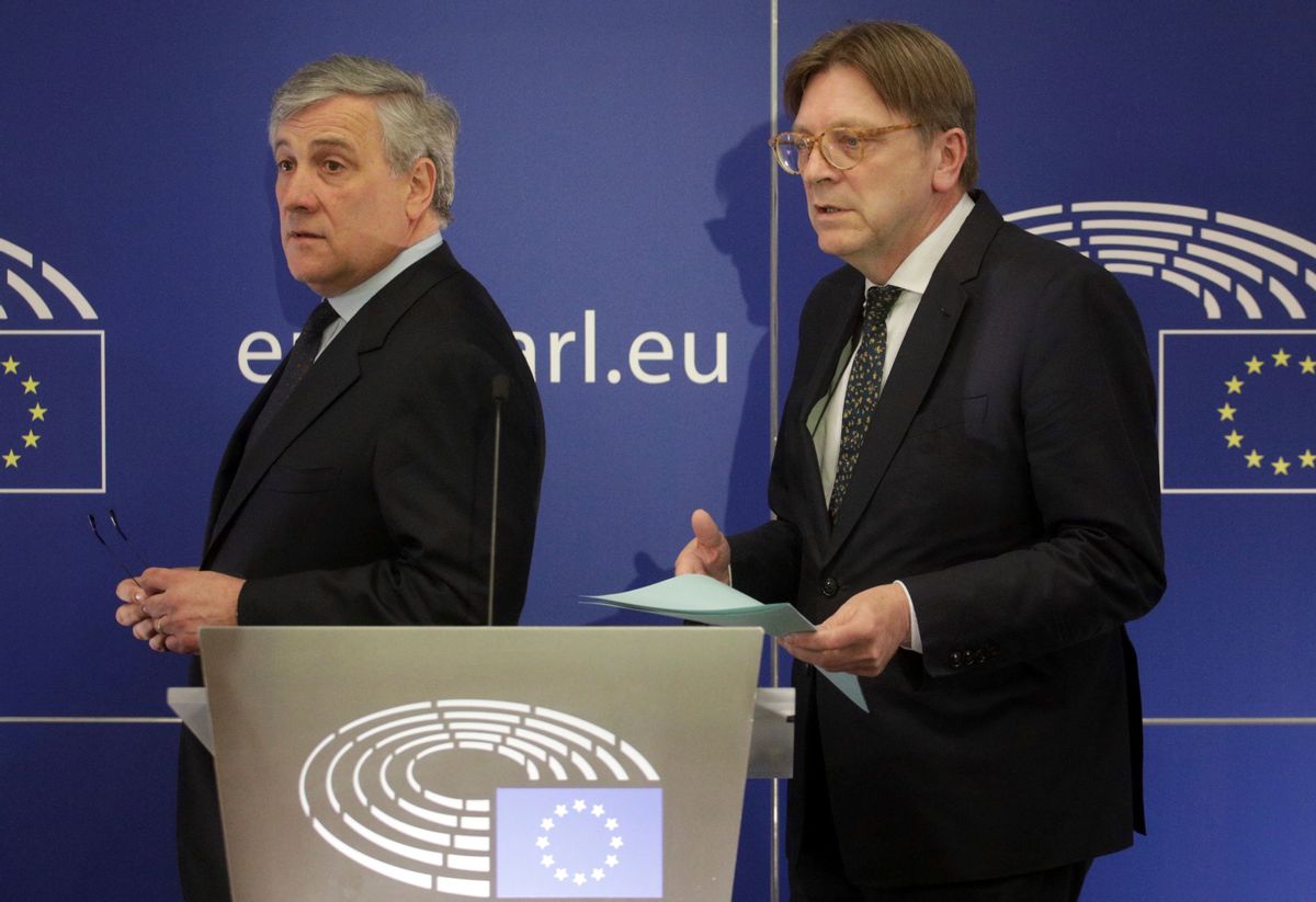 European Parliament President Antonio Tajani, left, and leader of the ALDE party Guy Verhofstadt prepare to address a media conference at the European Parliament in Brussels on Wednesday, March 29, 2017. (AP Photo/Olivier Matthys) (AP)