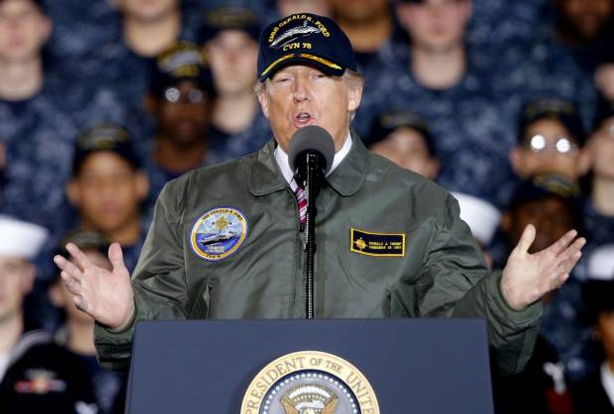 President Donald Trump gestures as he speaks to the Navy (AP Photo/Steve Helber, File)