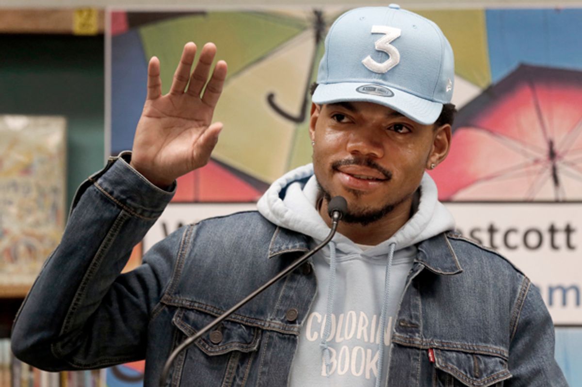 Chance The Rapper announces a gift of $1 million to the Chicago Public School Foundation during a news conference at the Westcott Elementary School, March 6, 2017, in Chicago.   (AP/Charles Rex Arbogast)
