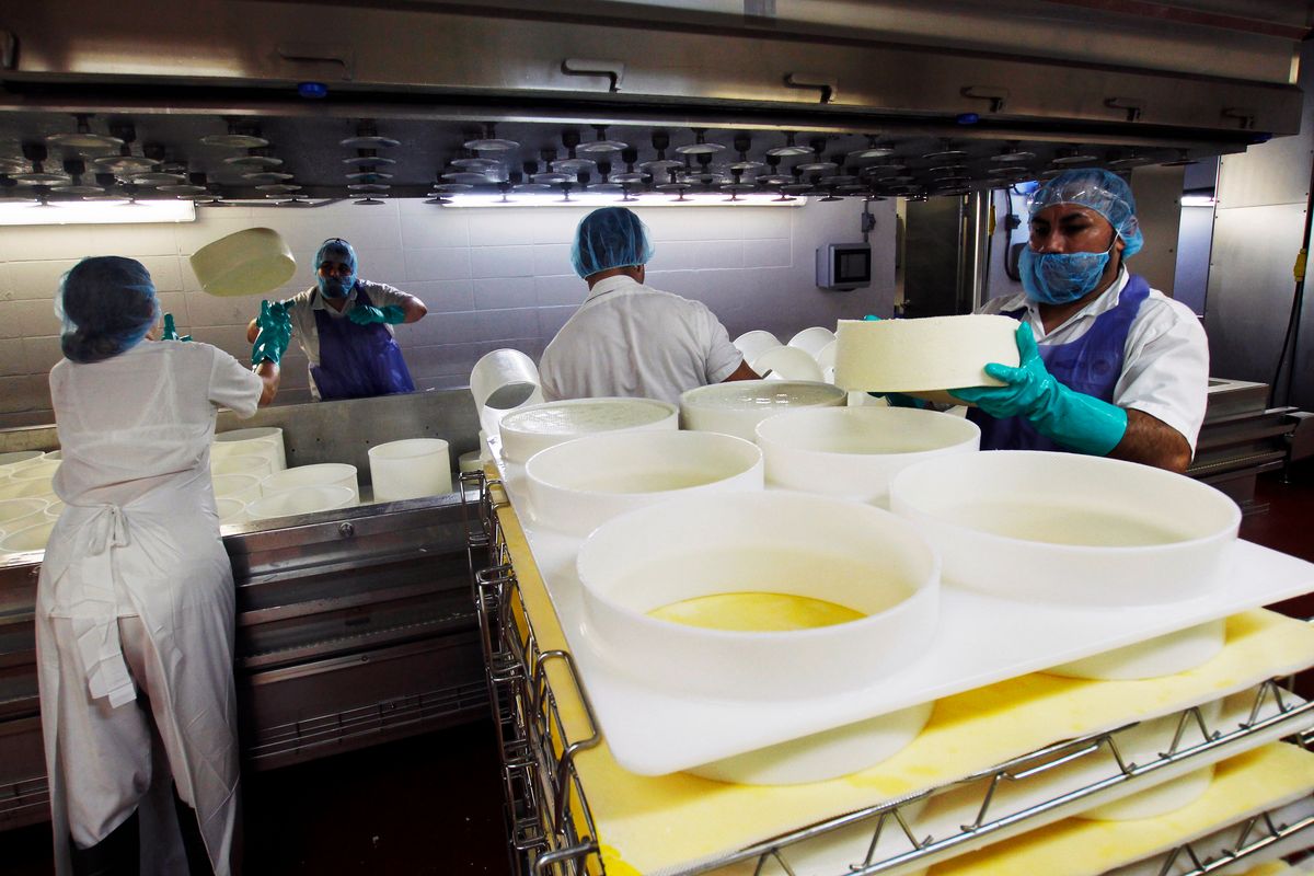 In this Feb. 27, 2017, photo, Brenda Patterson, left, is about to catch a wheel of Grand Cru Surchoix cheese at the Emmi Roth USA production plant in Monroe, Wis. The company won the World Championship Cheese Contest in 2016 for the cheese and since then has seen an increase in sales of the cheese. The contest is organized by the Wisconsin Cheese Makers Association, which also organizes the United States Championship Cheese Contest that runs until March 9 in Green Bay, Wis. The contests are in alternate years. (AP Photo/Carrie Antlfinger) (AP)