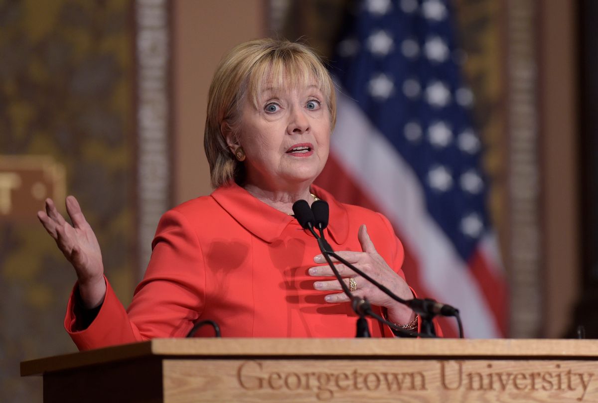 Former Secretary of State Hillary Clinton speaks at Georgetown University in Washington, Friday, March 31, 2017, on the important role that women can play in international politics and peace building efforts. () (AP Photo/Susan Walsh)