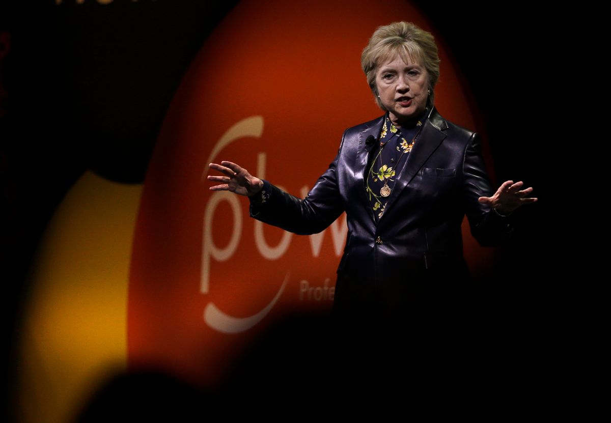 Former Secretary of State Hillary Clinton gestures while speaking before the Professional Businesswomen of California Tuesday, March 28, 2017, in San Francisco. Clinton is in San Francisco for one of her first public speeches since losing the 2016 presidential race. (AP Photo/Ben Margot) (AP)