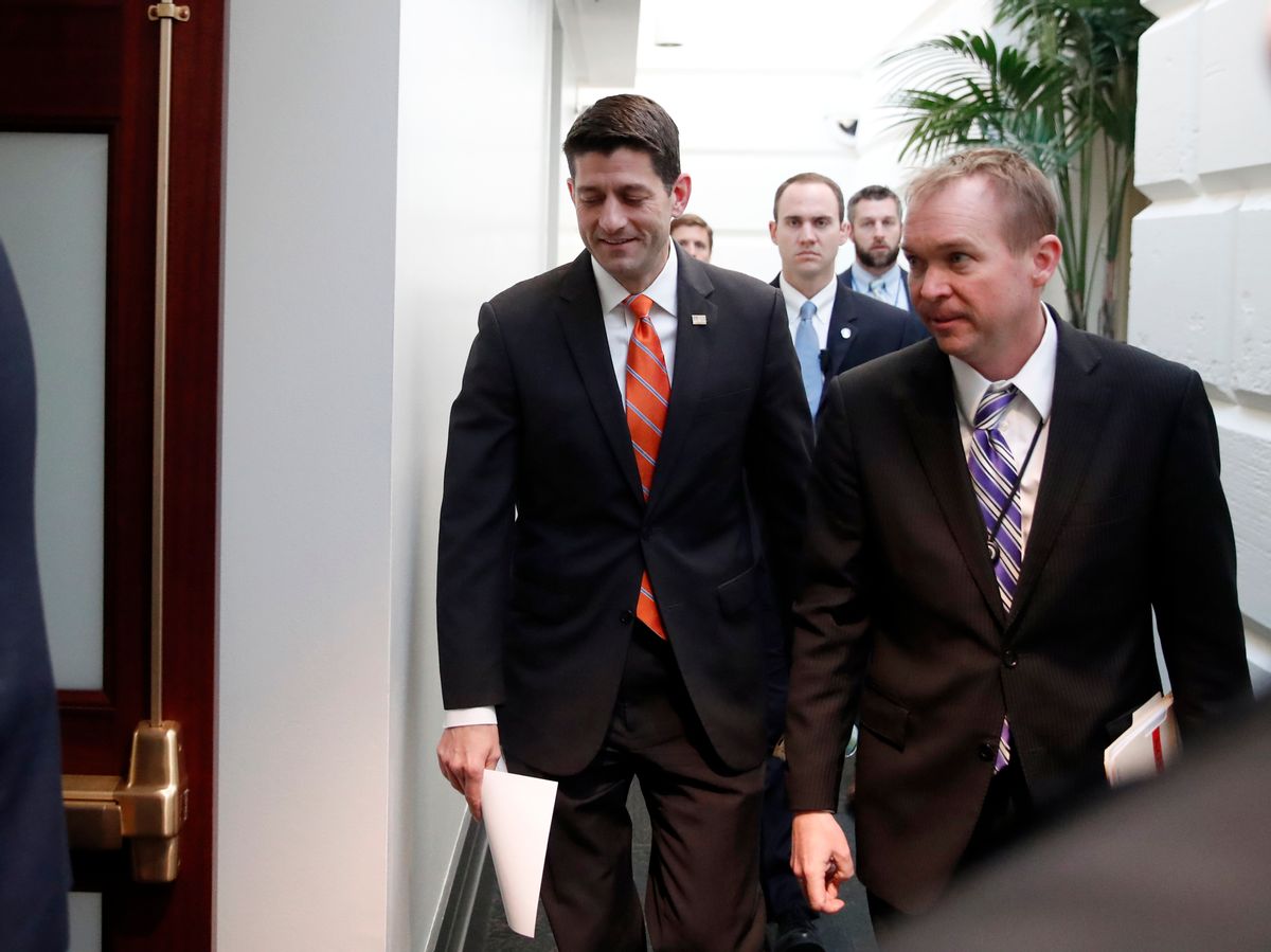 House Speaker Paul Ryan of Wis. left, and director of the Office of Management and Budget Mick Mulvaney arrive for a Republican caucus meeting on Capitol Hill, Thursday, March 23, 2017, in Washington. () (AP Photo/Alex Brandon)