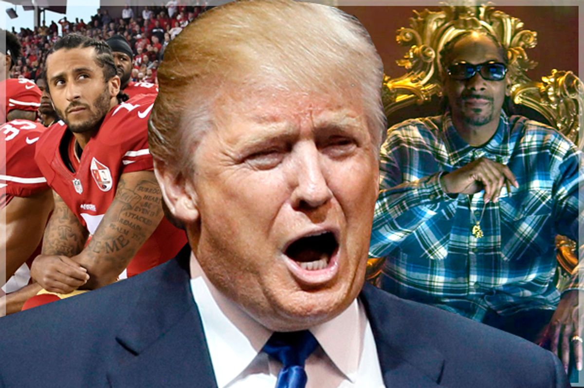 Colin Kaepernick; Donald Trump; Snoop Dogg   (Getty/Thearon W. Henderson/Reuters/Rick Wilking/YouTube/Salon)