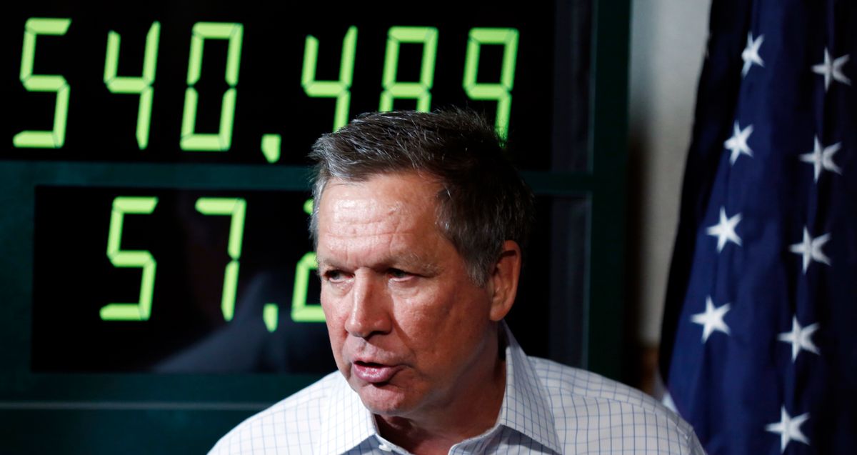 FILE – In this Oct. 23, 2015, file photo, Ohio Gov. John Kasich, a Republican presidential candidate, speaks during a balanced budget discussion with business leaders in Manchester, N.H. As the U.S. national debt ticks toward $20 trillion, Kasich says he is not abandoning his goal of a federal balanced-budget amendment, telling The Associated Press in a Tuesday, March 21, 2017, interview that the issue isn't partisan but critical to sustained economic prosperity. (AP Photo/Jim Cole, File) (AP)