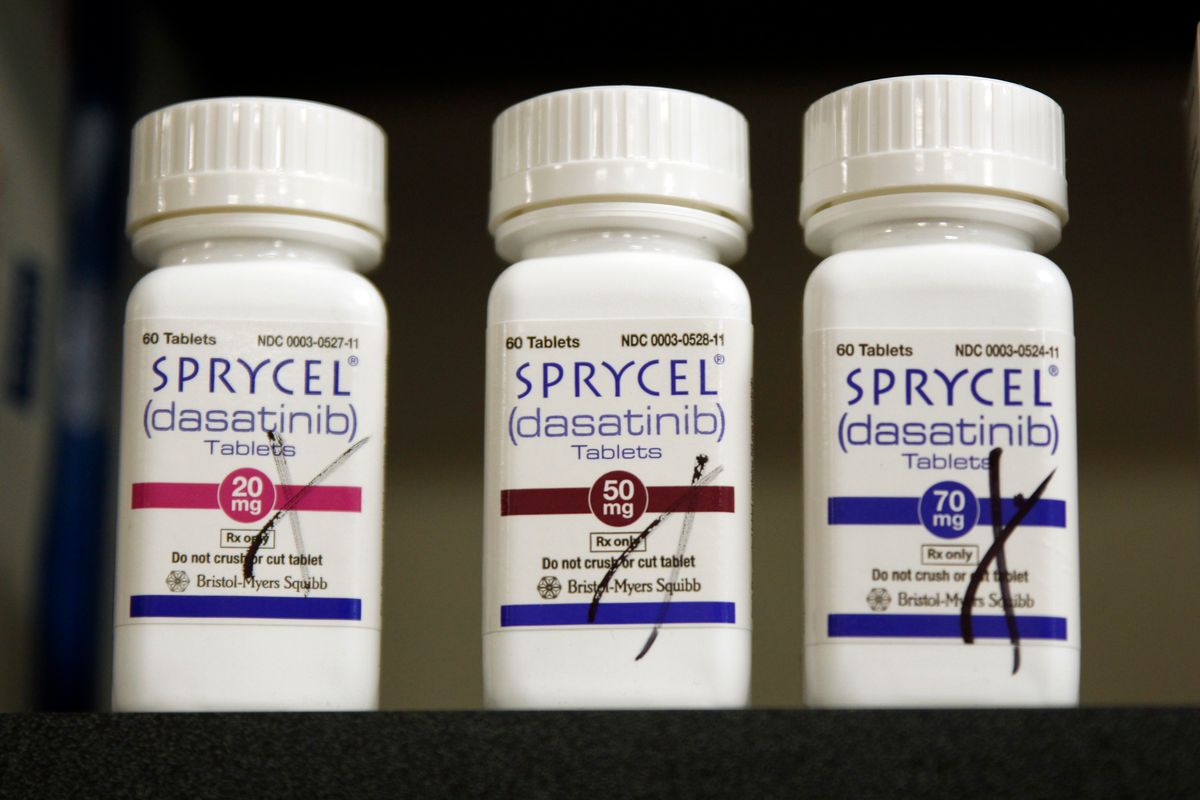 In this photo taken Friday, Feb. 24, 2017, in Wauwatosa, Wisconsin the drug Sprycel sits on a shelf at the Froedtert — the Medical College of Wisconsin Clinical Cancer Center Pharmacy. It's a drug used to treat chronic myelogenous leukemia, or CML. (AP Photo/Carrie Antlfinger) (AP)