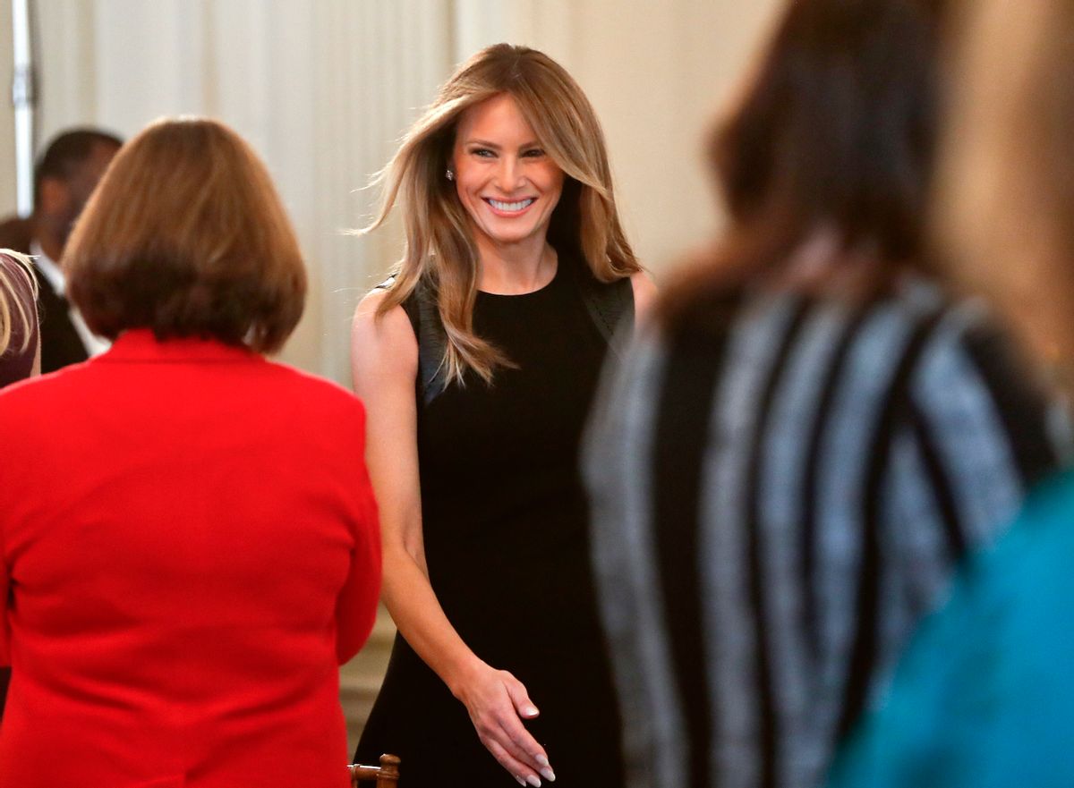 In this March 8, 2017, photo, first lady Melania Trump arrives in the State Dining room of the White House in Washington, where she hosted a luncheon on International Women's Day. Being first lady of the United States likely was not a life goal that Melania Trump considered while growing up in her native Slovenia. But after weeks out of the public eye following Donald Trump’s swearing-in as president, she has begun to embrace her new, more public role. () (AP Photo/Pablo Martinez Monsivais)