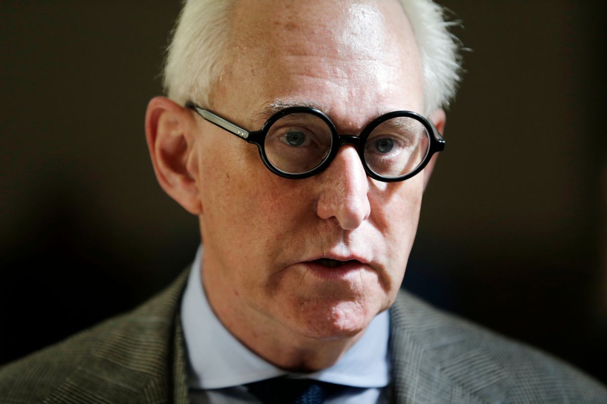 Roger Stone talks to reporters outside a courtroom in New York, Thursday, March 30, 2017. Stone, a longtime political provocateur and adviser to President Donald Trump, is being sued over a flyer sent to 150,000 New York households during the state's 2010 election that called the Libertarian Party candidate for governor, Warren Redlich,  a "sexual predator."
(AP Photo/Seth Wenig) (AP)