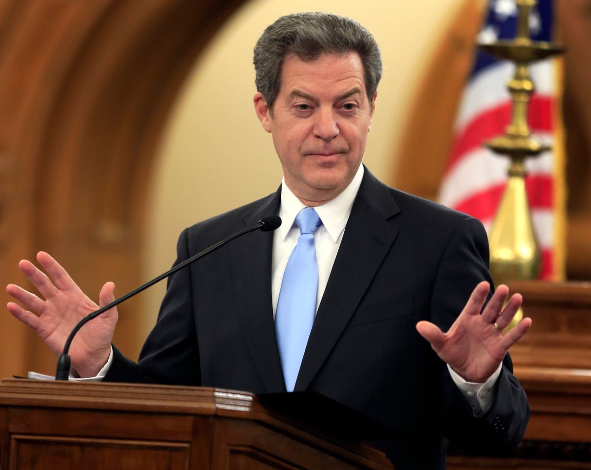 FILE - In this Jan. 12, 2016 file photo, Kansas Gov. Sam Brownback speaks to the legislature in Topeka, Kan.  Kansas' highest court on Thursday, March 2, 2017, ordered the state to increase its spending on public schools, which could further complicate the state's dire budget problems and increase pressure to undo large tax cuts championed by Brownback. () (AP Photo/Orlin Wagner, File)