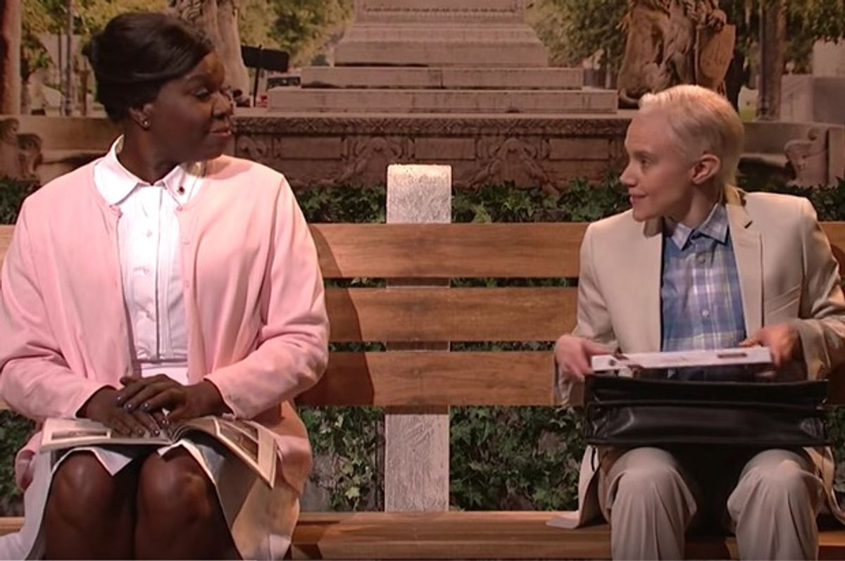 Kate McKinnon as Jeff Sessions with Leslie Jones on Saturday Night Live 