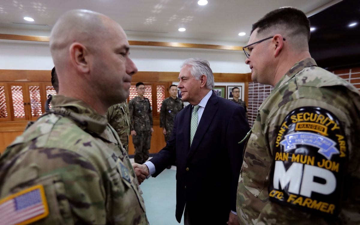Secretary of State Rex Tillerson meets with U.S. and South Korea soldiers before lunch meeting near village of Panmunjom (AP Photo/Lee Jin-man)