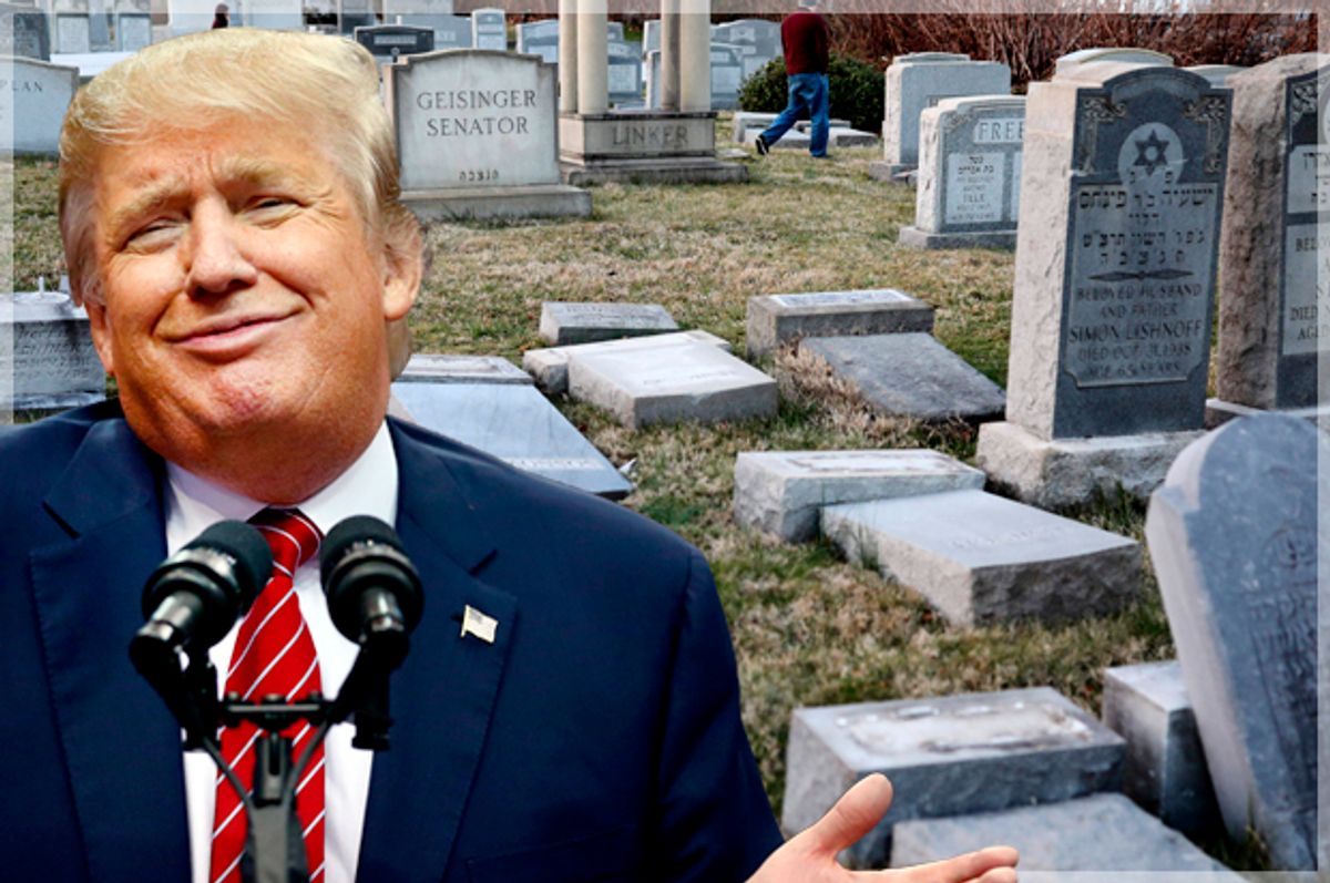 Donald Trump; Vandalized tombstones are seen at the Jewish Mount Carmel Cemetery, February 26, 2017, in Philadelphia, PA   (Getty/Tom Pennington/Dominick Reuter)