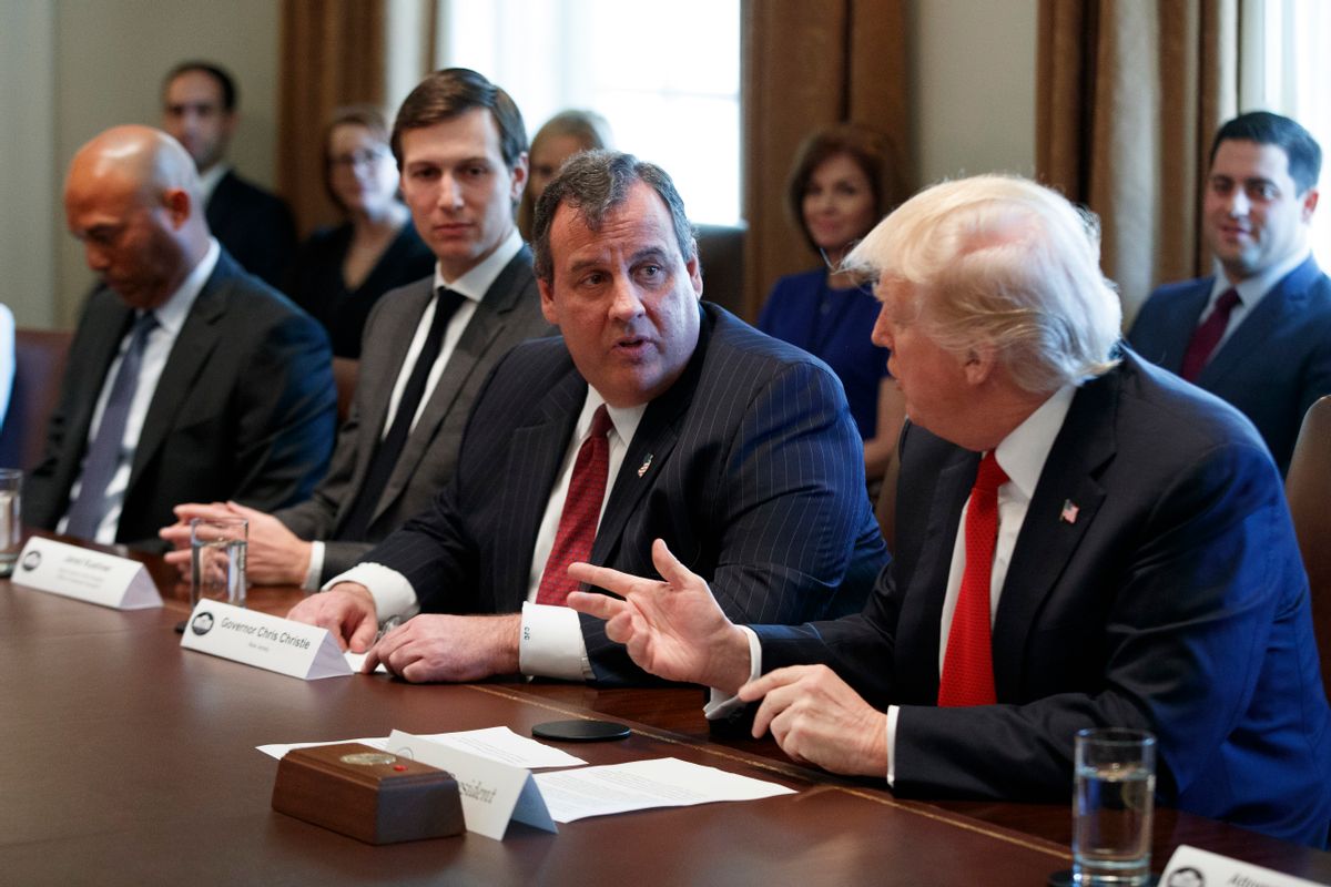 President Donald Trump speaks during an opioid and drug abuse listening session, Wednesday, March 29, 2017, in the Cabinet Room of the White House in Washington. From left are, former New York Yankees pitcher Mariano Rivera, White House senior adviser Jared Kushner, New Jersey Gov. Chris Christie and Trump. (AP Photo/Evan Vucci) (AP)