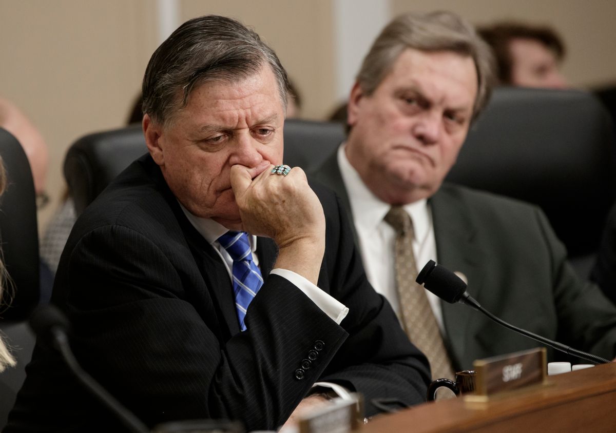 Rep. Tom Cole, R-Okla., left, and Rep. Mike Simpson, R-Idaho, listen to statements by the minority as Health and Human Services Secretary Tom Price, a doctor and former congressman, testified on Capitol Hill in Washington, Wednesday, March 29, 2017,  before a House Appropriations subcommittee to outline the Trump Administration's proposals to trim the HHS budget.  (AP Photo/J. Scott Applewhite) (AP)
