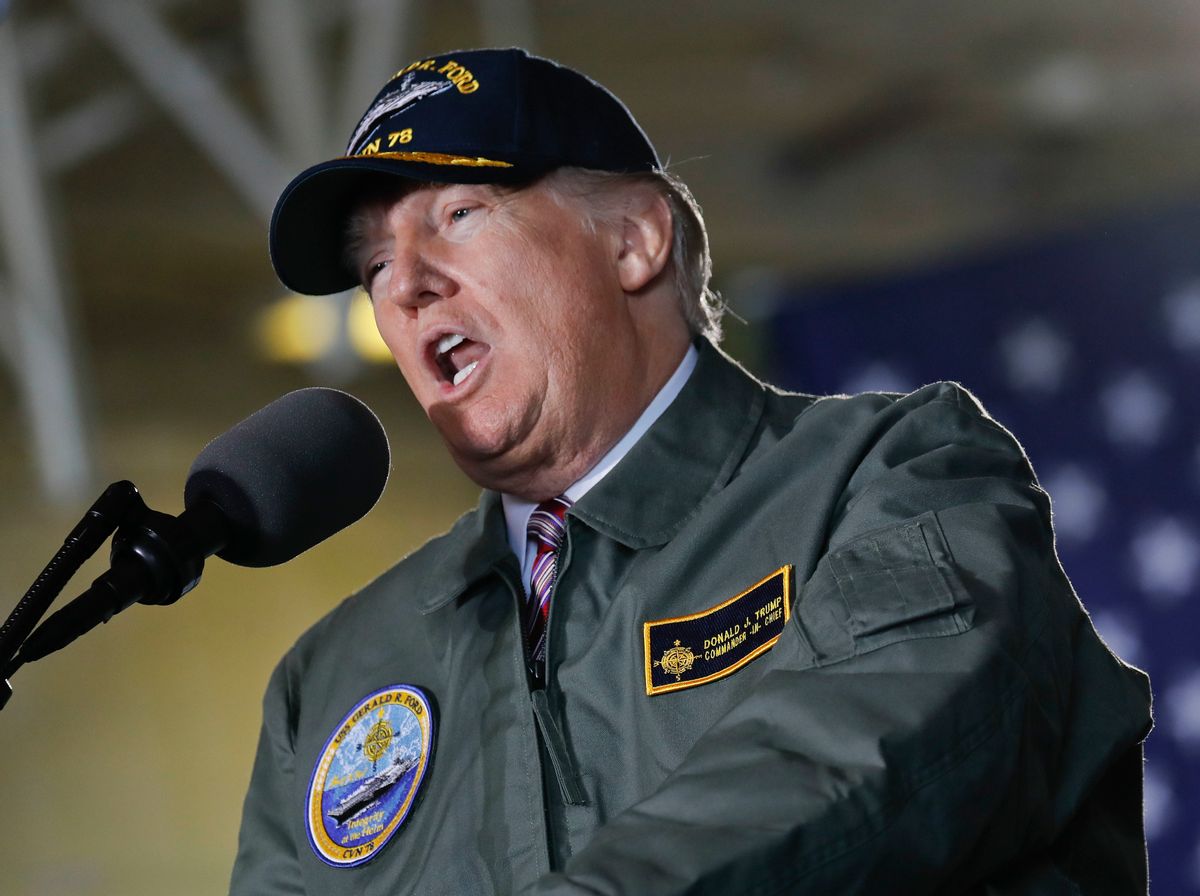 President Donald Trump speaks while aboard the nuclear aircraft carrier Gerald R. Ford, Thursday, March 2, 2017, at Newport News Shipbuilding in Newport, Va. Trump traveled to Virginia to meet with sailors and shipbuilders on aircraft carrier which is scheduled to be commissioned this year after cost overruns and delays. (AP Photo/Pablo Martinez Monsivais) (AP)