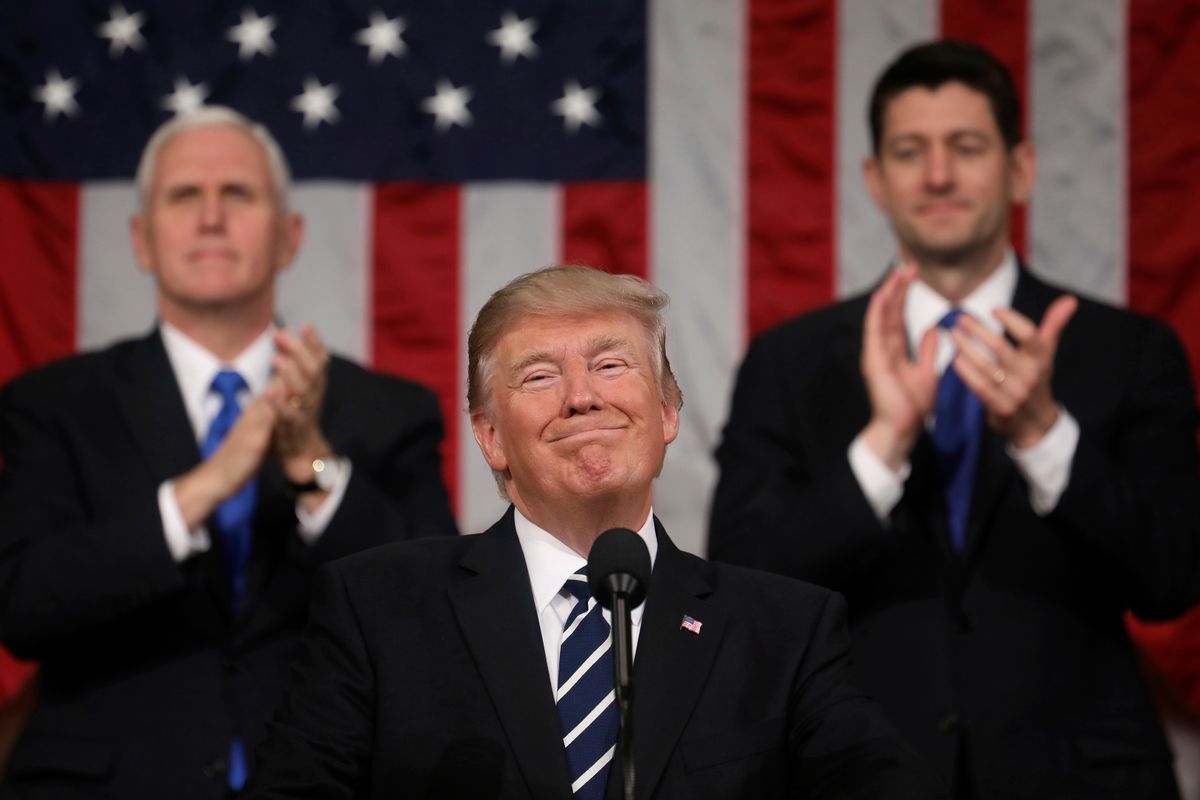 President Donald Trump addresses a joint session of Congress on Capitol Hill in Washington, Tuesday, Feb. 28, 2017, as Vice President Mike Pence and House Speaker Paul Ryan of Wis., applaud. (Jim Lo Scalzo/Pool Image via AP) (AP)