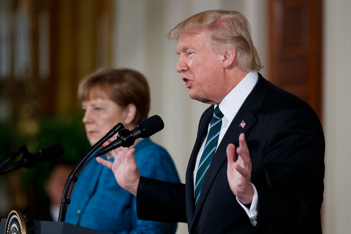 President Donald Trump speaks during a news conference with German Chancellor Angela Merkel in the East Room of the White House in Washington, Friday, March 17, 2017. (AP Photo/Evan Vucci) (AP)