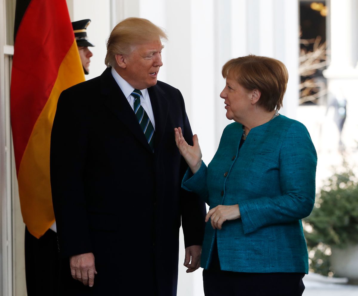 President Donald Trump greets German Chancellor Angela Merkel outside the West Wing of the White House in Washington, Friday, March 17, 2017. (AP Photo/Pablo Martinez Monsivais) (AP)