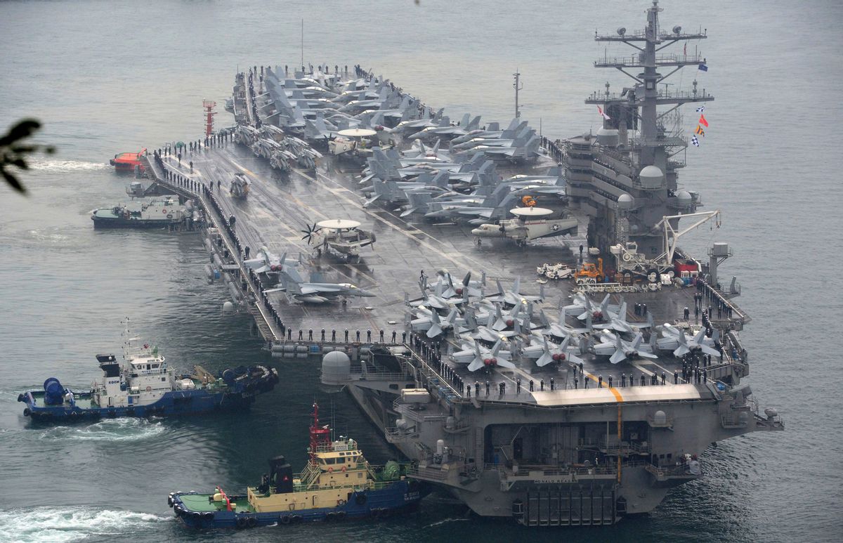U.S. aircraft carrier in South Korea after completing a joint drill with the South Korean navy, Oct. 16, 2016.  (Ha Kyung-min/Newsis via AP)