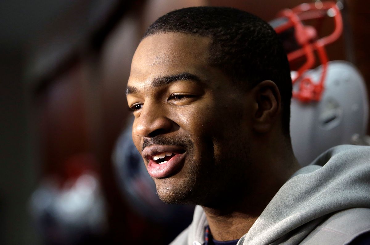 New England Patriots quarterback Jacoby Brissett speaks with members of the media in the team's locker room following an NFL football practice, Thursday, Jan. 12, 2017, in Foxborough, Mass. (AP Photo/Steven Senne) (AP Photo/Steven Senne)