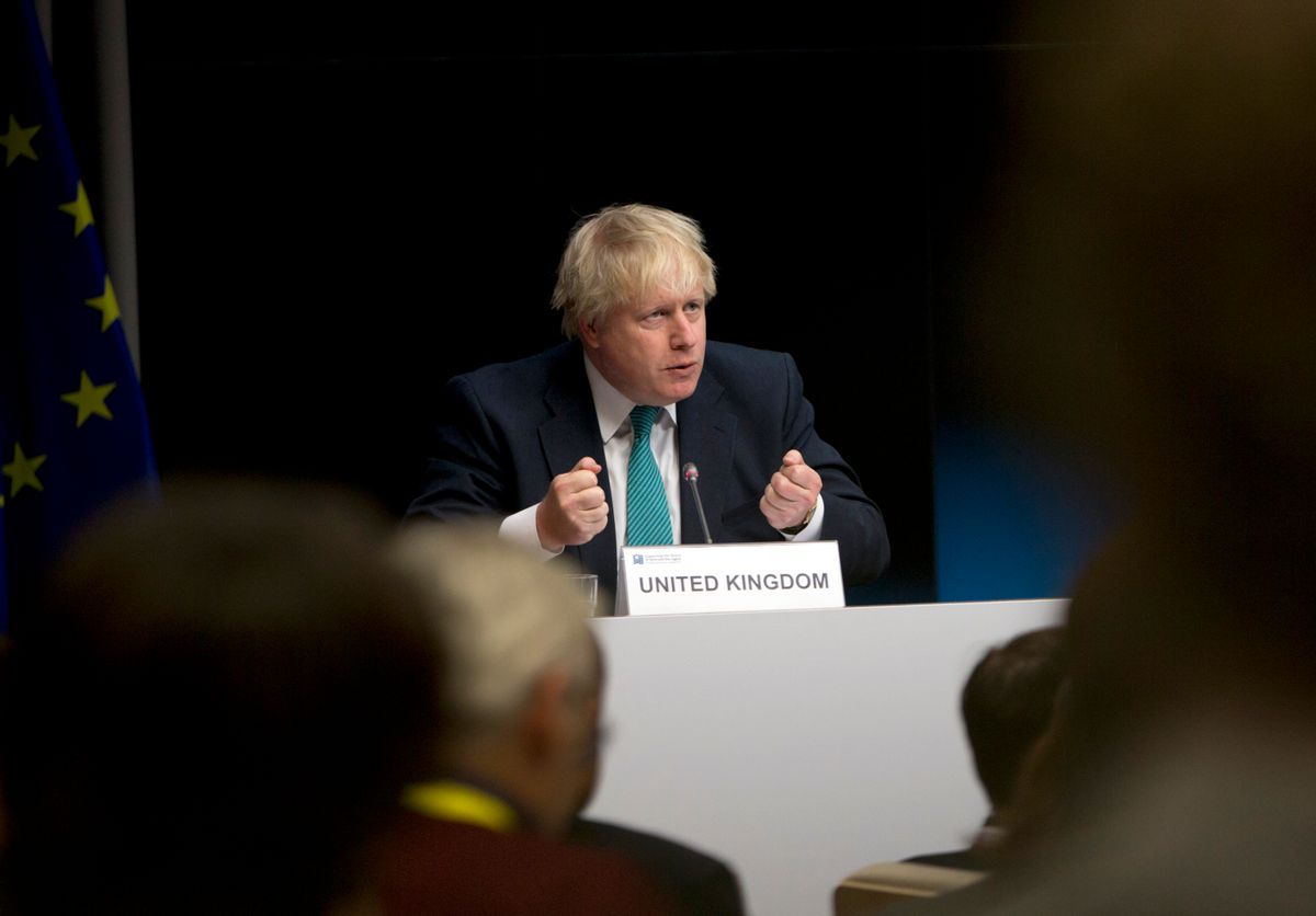 British Foreign Secretary Boris Johnson speaks during a media conference at an EU Syria conference at the Europa building in Brussels on Wednesday, April 5, 2017. The EU and other nations met Wednesday to discuss what will be needed to rebuild war-ravaged Syria. (AP Photo/Virginia Mayo) (AP)