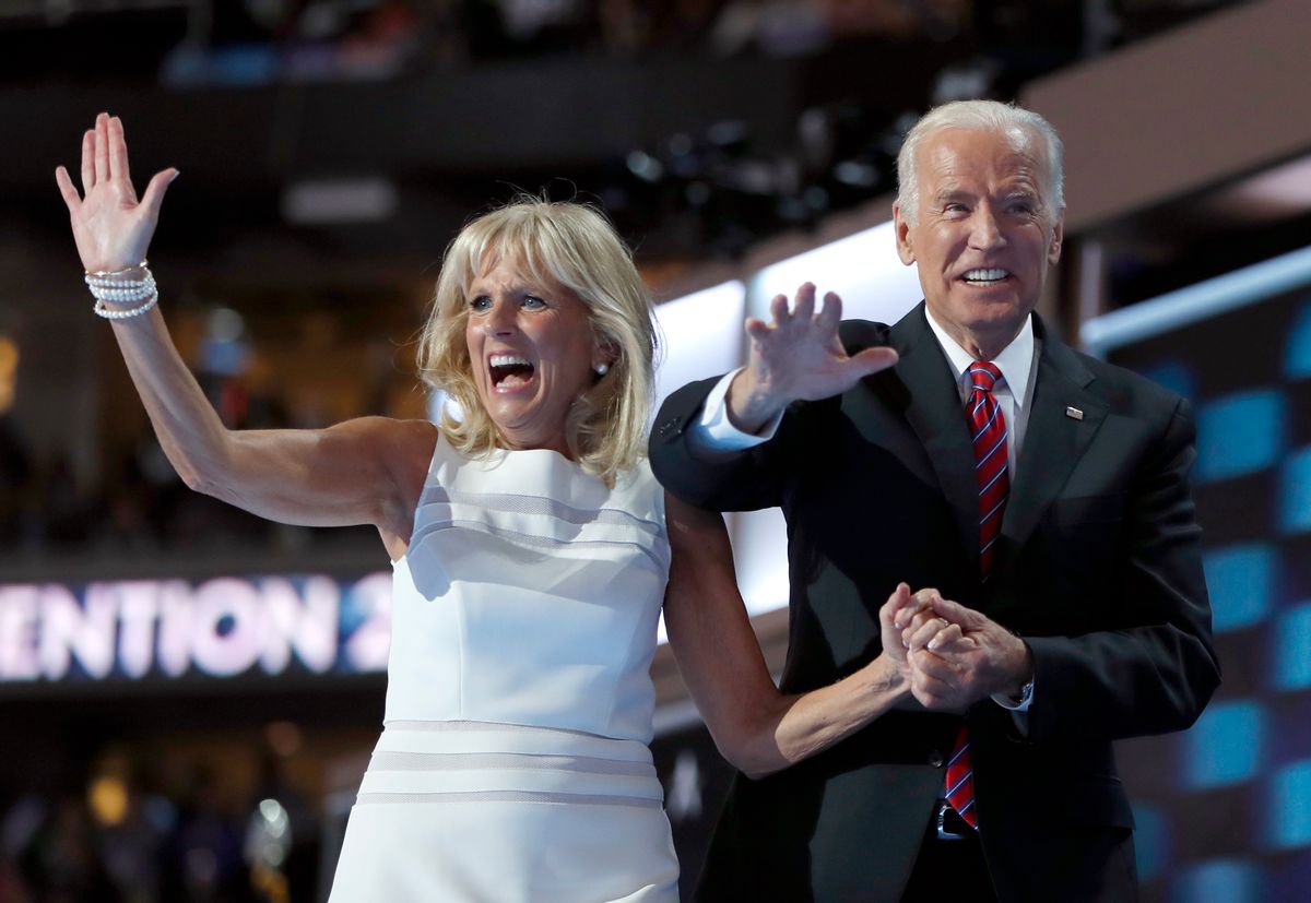 FILE - In this July 27, 2016 file photo, Dr. Jill Biden and Vice President Joe Biden wave after speaking to delegates during the third day session of the Democratic National Convention in Philadelphia. Flatiron Books said Wednesday, April 5, 2017, that it will release two books by Joe Biden and one by Jill. Joe Biden’s first book will “explore one momentous year,” 2016, when his son Beau died and he decided against running for president. The book is currently untitled and no release date was announced. (AP Photo/Carolyn Kaster, File) (AP)