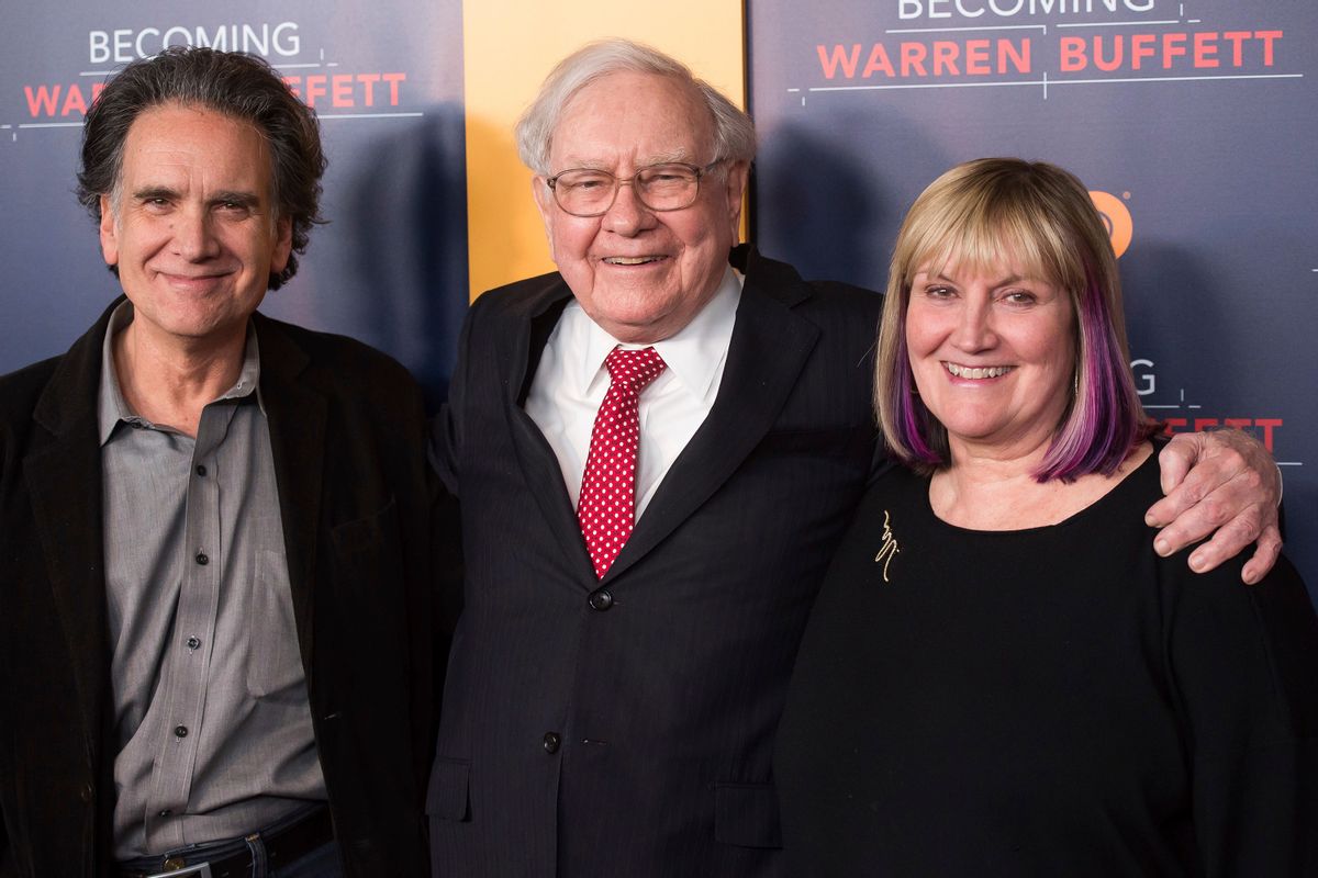 FILE - In this Thursday, Jan. 19, 2017, file photo, Peter Buffett, from left, Warren Buffett and Susie Buffett attend the world premiere screening of HBO's "Becoming Warren Buffett" at The Museum of Modern Art in New York. A foundation run by Peter, the youngest son of billionaire investor Warren Buffett, is announcing its strategy for distributing $90 million to help improve the lives of young women and girls of color in the United States. The NoVo Foundation was created in 2006 by Jennifer and Peter Buffett. (Photo by Charles Sykes/Invision/AP, File) (Charles Sykes/invision/ap)