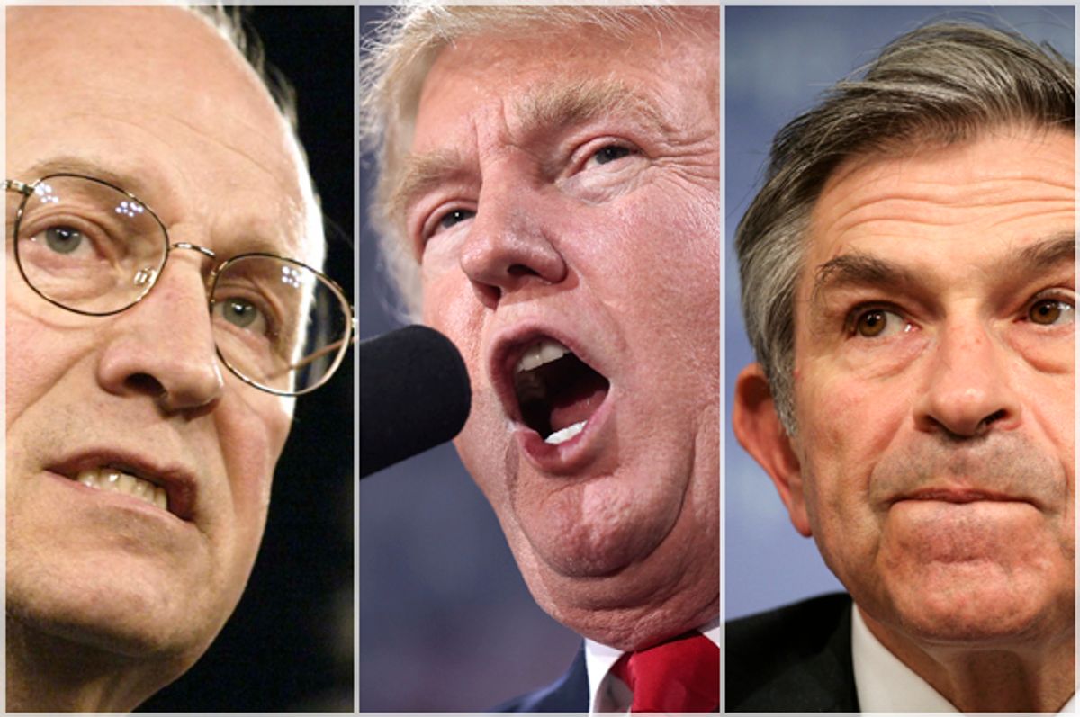 Dick Cheney; Donald Trump; Paul Wolfowitz   (AP/Jim Bryant/Getty/Joe Raedle/Reuters/Yuri Gripas)
