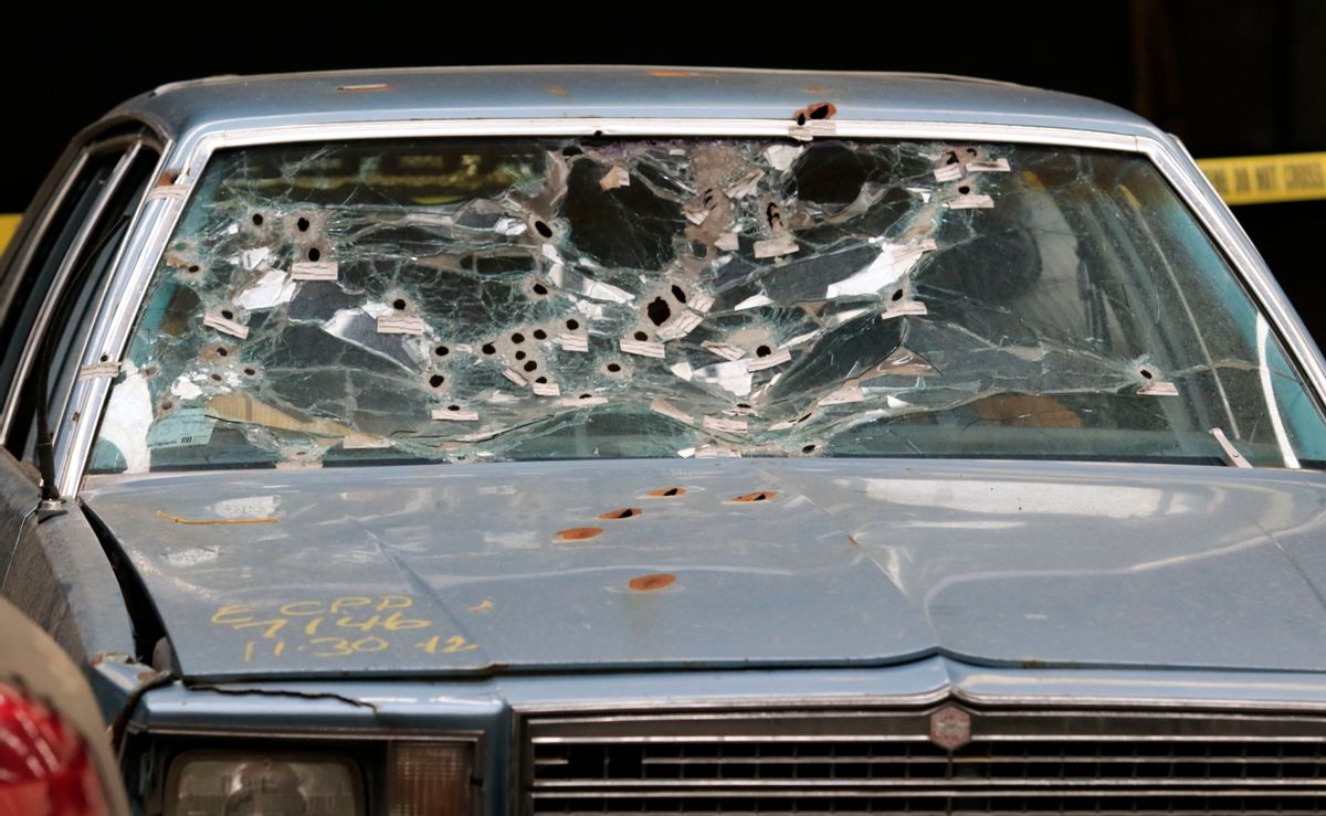 FILE – This April 10, 2015, file photo shows the car driven by Timothy Russell, killed along with Malissa Williams in a 137-shot barrage of police gunfire on Nov. 29, 2012, in Cleveland. The Ohio Supreme Court ruled unanimously Thursday, April 13, 2017, that a judge in Cleveland, where two unarmed blacks died in a 137-shot barrage of police gunfire on Nov. 29, 2012, can hear dereliction of duty charges against five police supervisors accused of failing to control a high-speed chase involving more than 100 officers. (AP Photo/Aaron Josefczyk, Pool, File) (AP)
