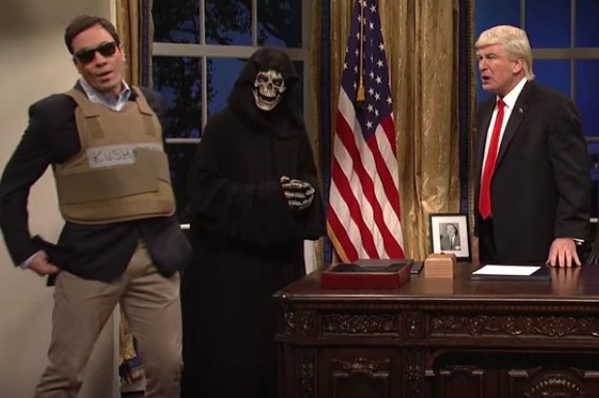Jimmy Fallon hosts SNL, playing Jared Kushner against Alec Baldwin's Trump