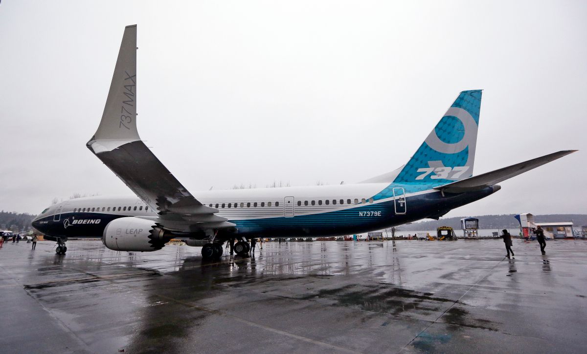 In this March 7, 2017 file photo, the first of the large Boeing 737 MAX 9 models, Boeing's newest commercial airplane, sits outside its production plant, in Renton, Wash. (AP Photo/Elaine Thompson, File) (AP)