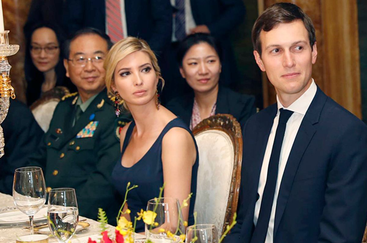 Ivanka Trump and Jared Kushner attend a dinner with Donald Trump and Chinese President Xi Jinping, at Mar-a-Lago, April 6, 2017, in Palm Beach, Fla.   (AP/Alex Brandon)