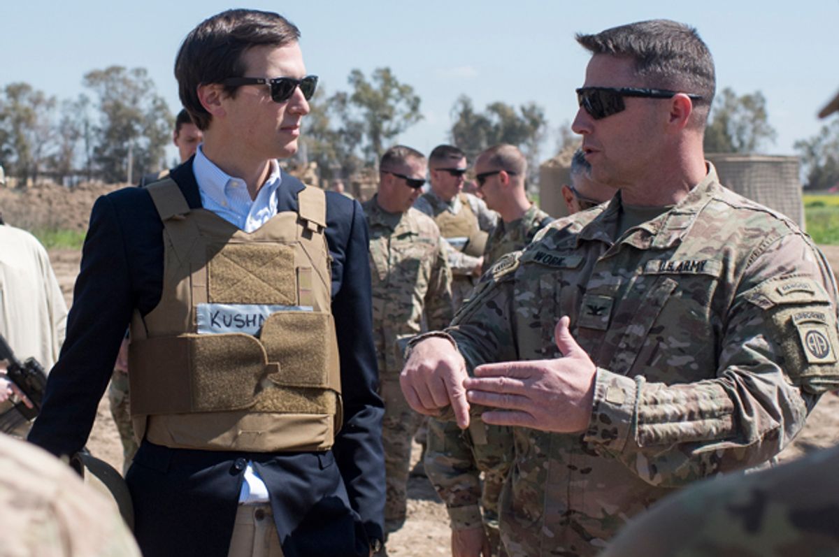 Jared Kushner meets with service members at a forward operating base near Qayyarah West in Iraq, April 4, 2017.   (Getty/Dominique A. Pineiro)