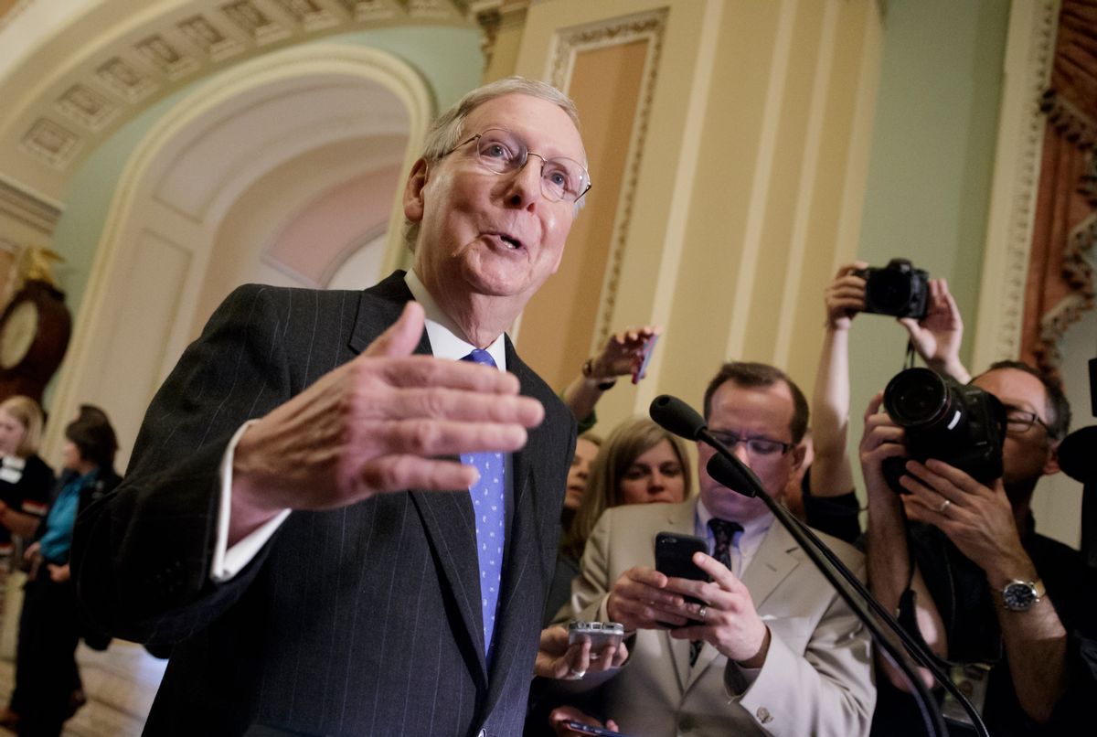 Senate Majority Leader Mitch McConnell of Ky. speaks to reporters on Capitol Hill in Washington, Tuesday, April 4, 2017, about the struggle to move Supreme Court nominee Neil Gorsuch toward a final up-or-down vote on the Senate floor. () (AP Photo/J. Scott Applewhite)