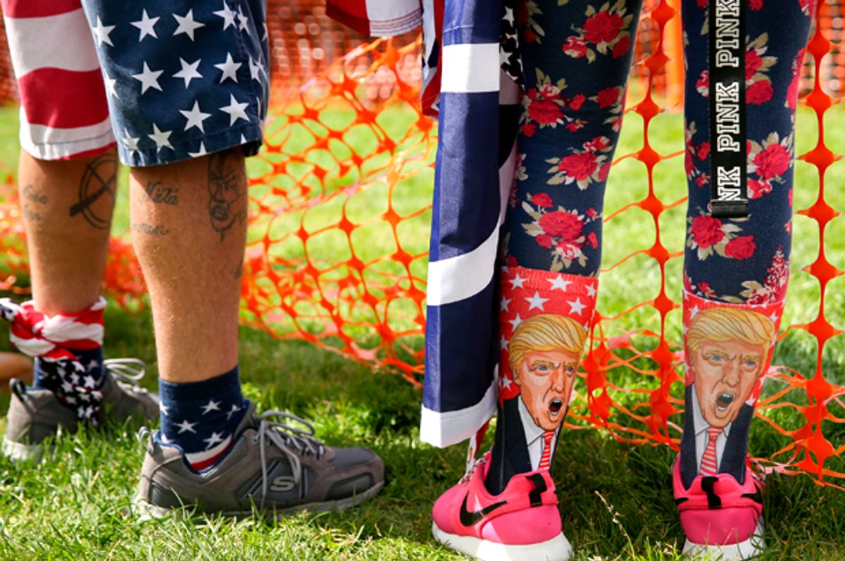 BERKELEY, CA - APRIL 15: A Trump supporter sports Trump socks at a "Patriots Day" free speech rally on April 15, 2017 in Berkeley, California. More than a dozen people were arrested after fistfights broke out at a park where supporters and opponents of President Trump had gathered. (Photo by Elijah Nouvelage/Getty Images) (Getty/Elijah Nouvelage)