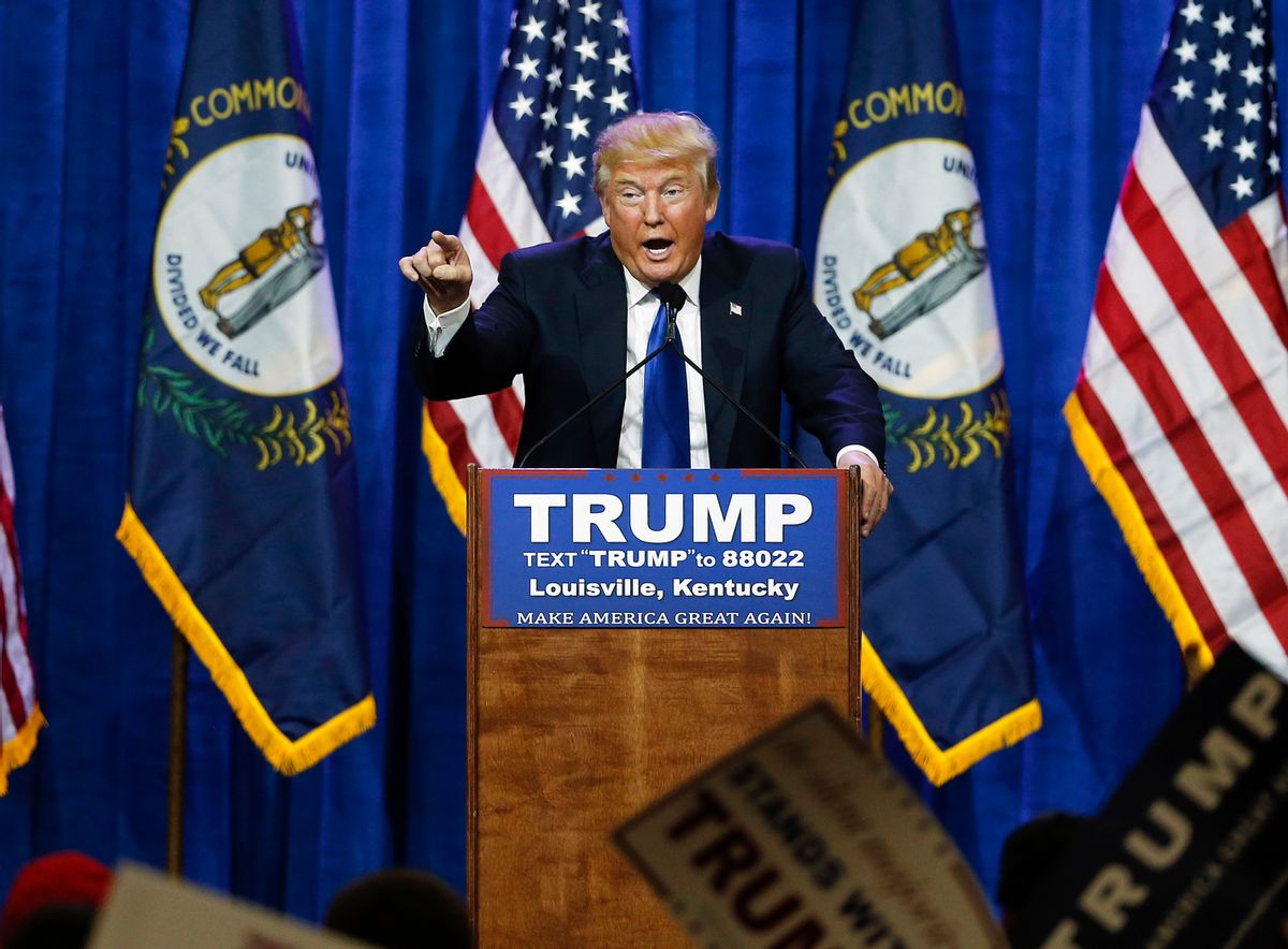 FILE - In this March 1, 2016 file photo, Republican presidential candidate Donald Trump speaks during a rally in Louisville, Ky. On Friday, March 31, 2017, a federal judge rejected Trump’s free speech defense against a lawsuit accusing him of inciting violence against protesters during his campaign. (AP Photo/John Bazemore, File) (Associated Press)
