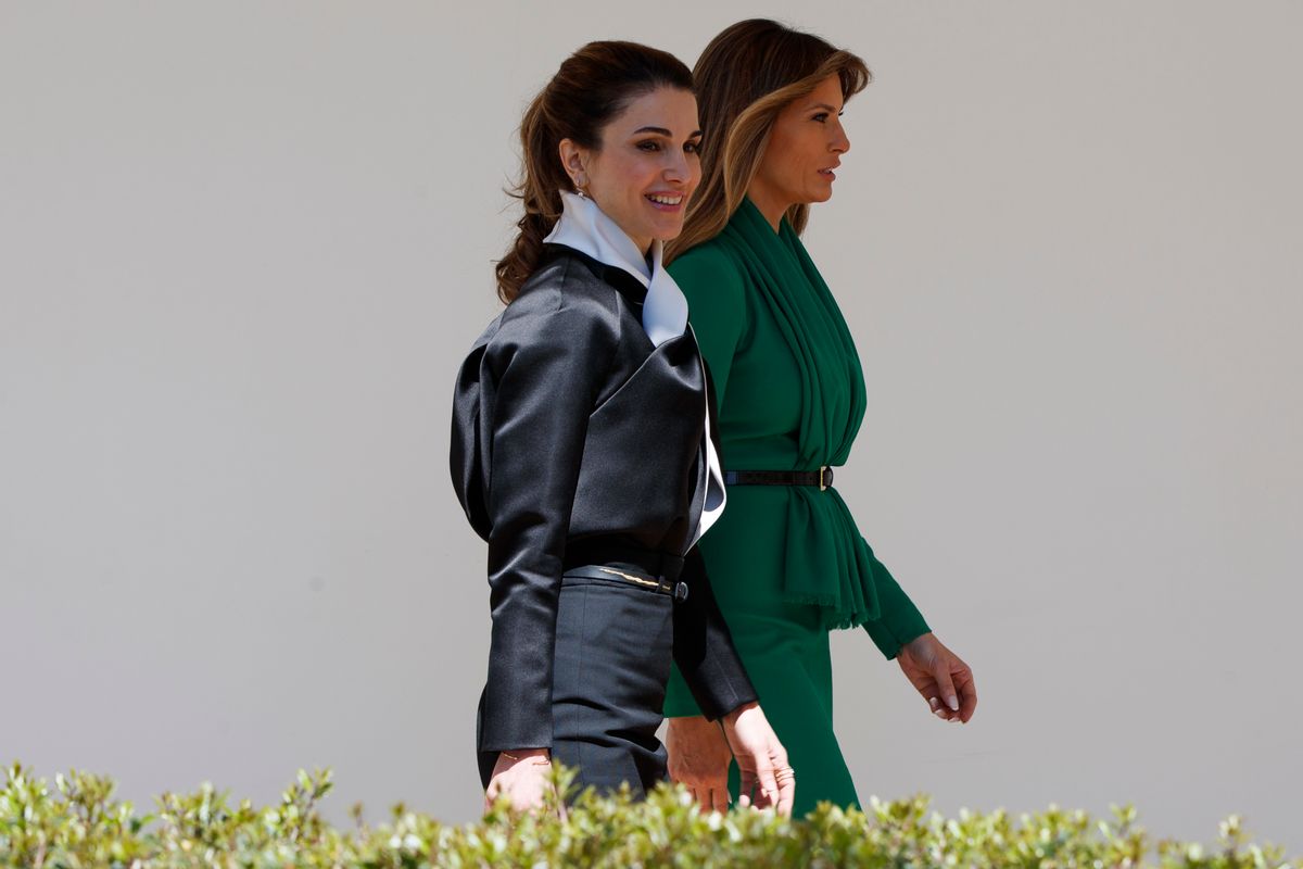 First lady Melania Trump walks with Queen Rania of Jordan at the White House in Washington, Wednesday, April 5, 2017. (AP Photo/Evan Vucci) (AP)