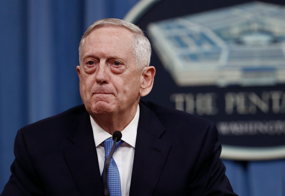 Defense Secretary Jim Mattis pauses during a news conference at the Pentagon, Tuesday, April 11, 2017. Mattis said the campaign against the Islamic State group is still the main focus of the U.S. in Syria and remains on track. (AP Photo/Carolyn Kaster) (AP)