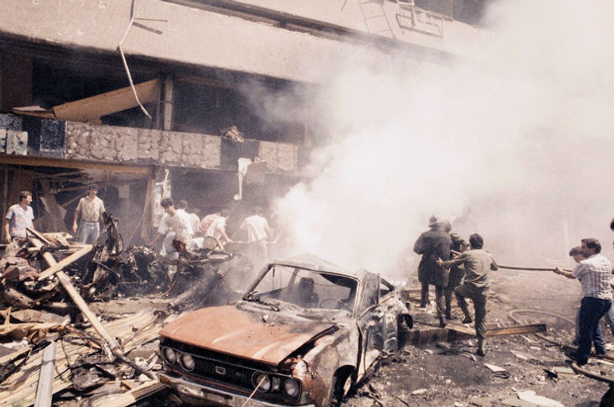 The scene of a car-bomb explosion, July 29, 1986, in West Beirut, Lebanon.   (AP)
