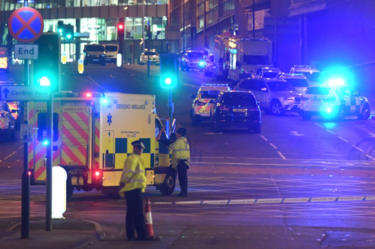 Emergency response vehicles arrive at the scene of an explosion during a concert by Ariana Grande in Manchester, May 23, 2017.    (Getty/Paul Ellis)