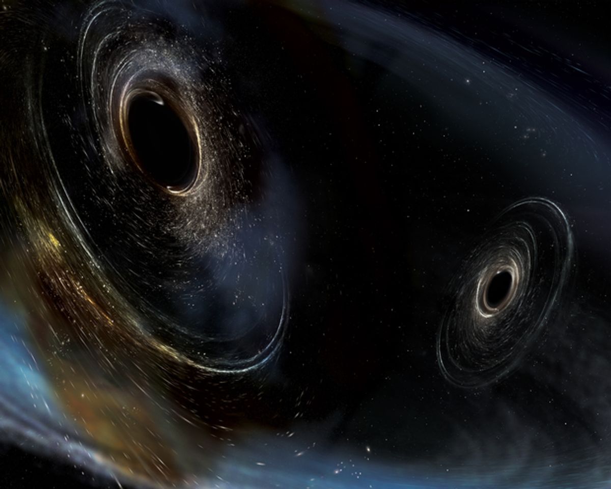 Artist's conception shows two merging black holes similar to those detected by LIGO. The black holes are spinning in a non-aligned fashion, which means they have different orientations relative to the overall orbital motion of the pair. LIGO found hints that at least one black hole in the system called GW170104 was non-aligned with its orbital motion before it merged with its partner. (LIGO/Caltech/MIT/Sonoma State (Aurore Simonnet))